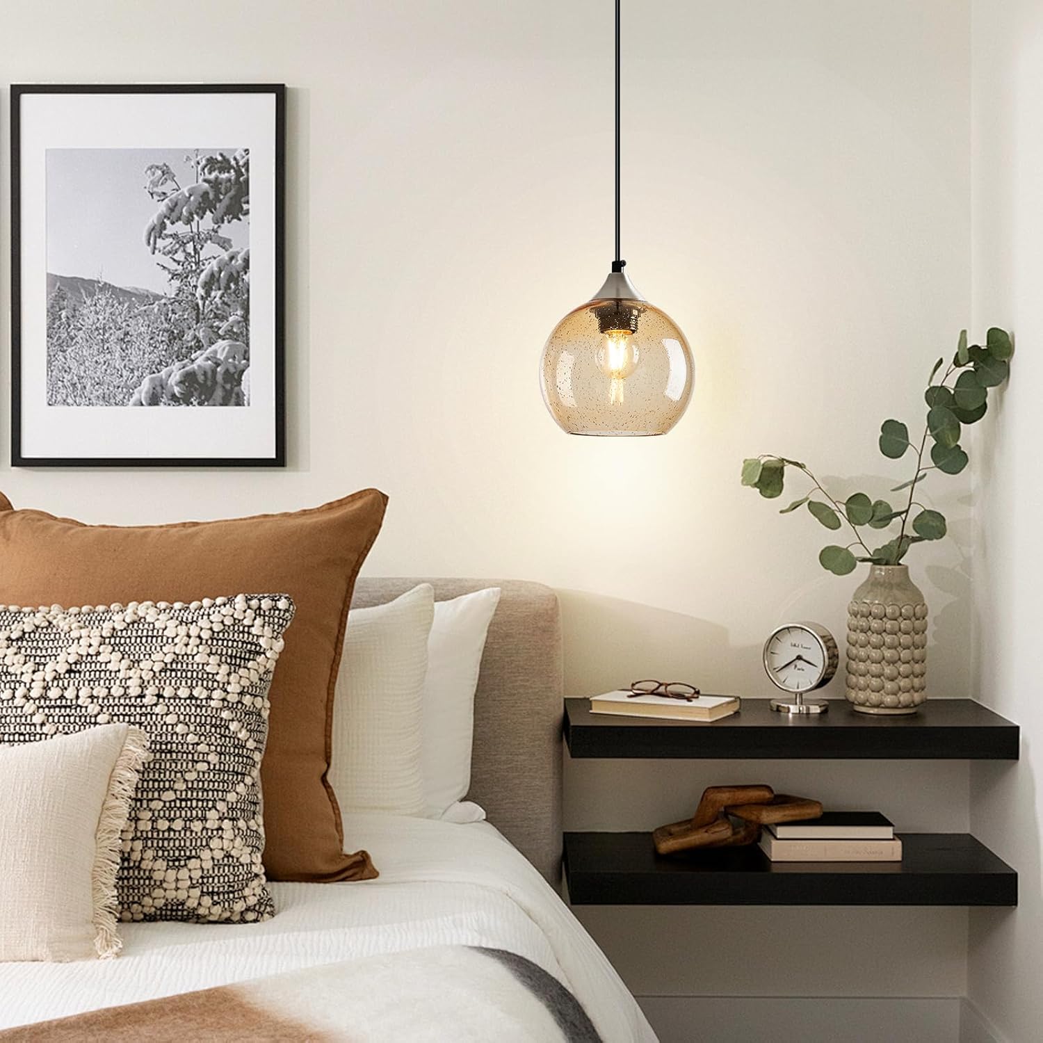 Light Brown Glass Pendant Lights Kitchen Island Globe Pendant Light Fixtures Modern Pendant Lighting for Bedroom Living Dining Room Light Fixture (5.9 in, 3 Pack)