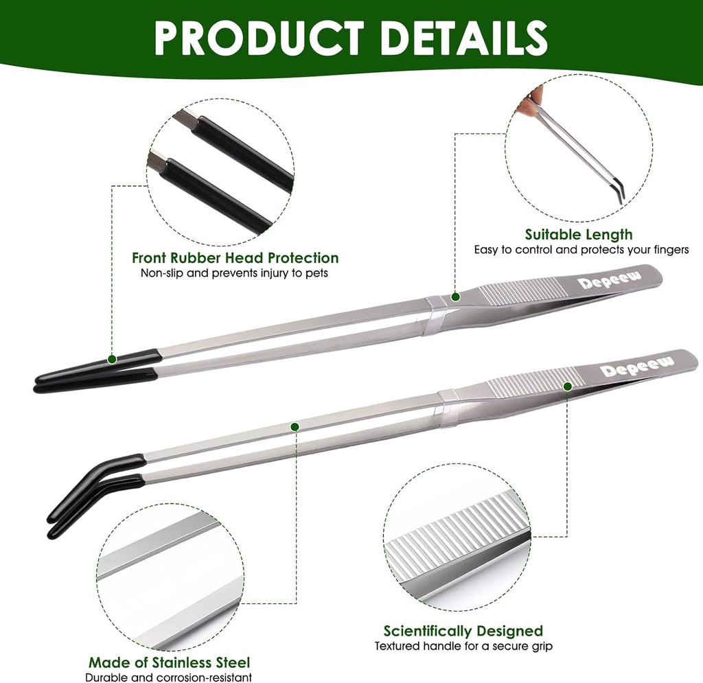 4 Pack Extra Long Reptile Feeding Tongs,10.6" Stainless Steel Straight & Curved Long Tweezers with Rubber Tip, 7.6" Feeding Spoon for Bearded Dragon Tank Accessories, Silver