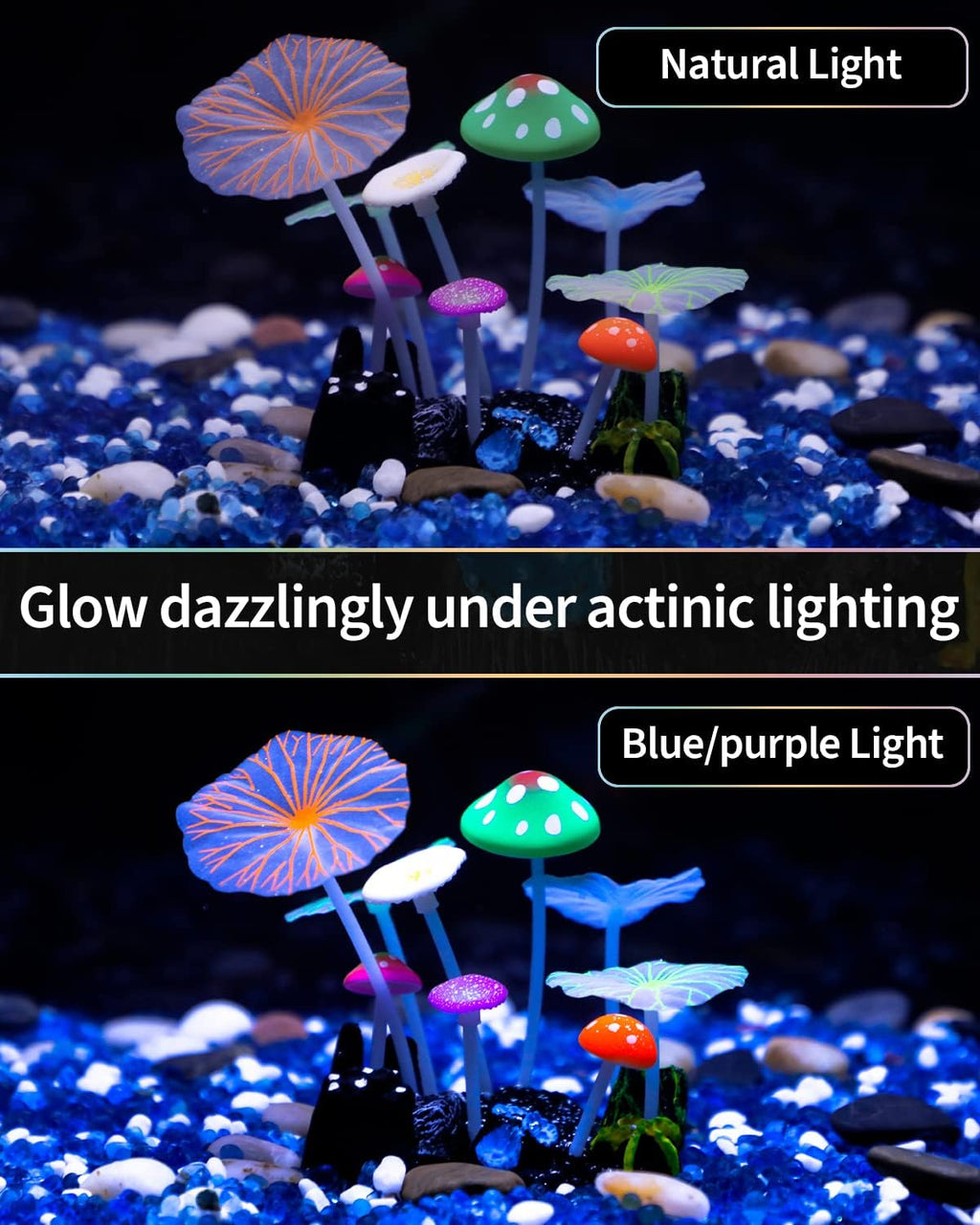 Uniclife Aquarium Coral Plant Ornament with Glowing Effect Imitative Mushroom Lotus Leaf Decoration Addition Colorful Lifelike Silicone Decor for Fish Tank Landscape