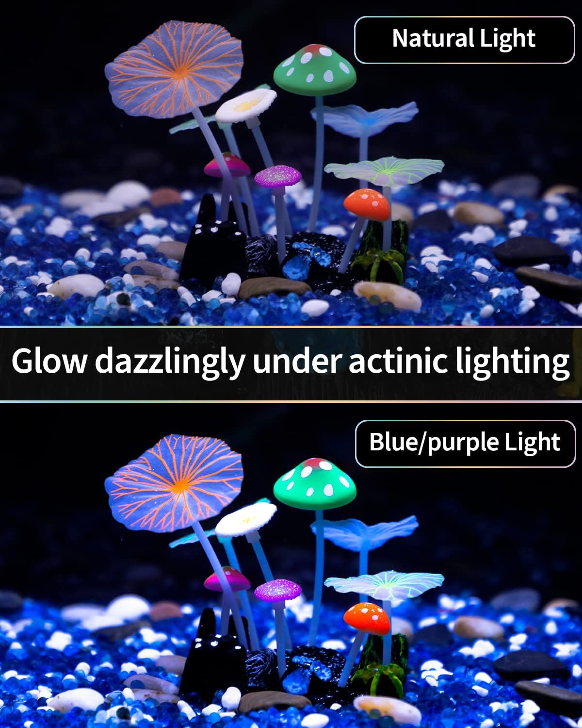 Uniclife Aquarium Coral Plant Ornament with Glowing Effect Imitative Mushroom Lotus Leaf Decoration Addition Colorful Lifelike Silicone Decor for Fish Tank Landscape