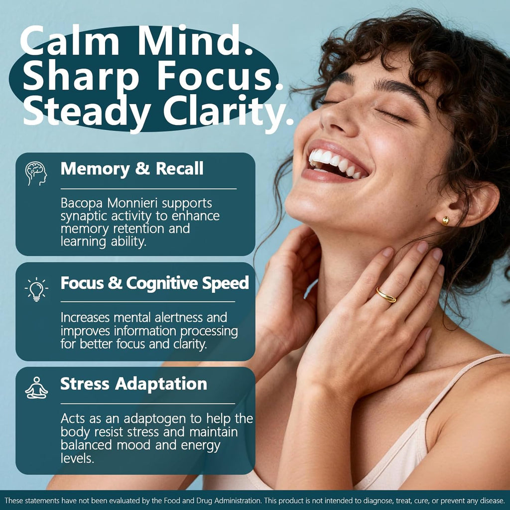 Bacopa Monnieri Supplement 300MG, Organic Nootropic Bacopa Extract, ≥ 55% High Potency Bacosides, Brain & Memory Supplement for Focus and Cognitive Support, Made in USA, 90 Capsules