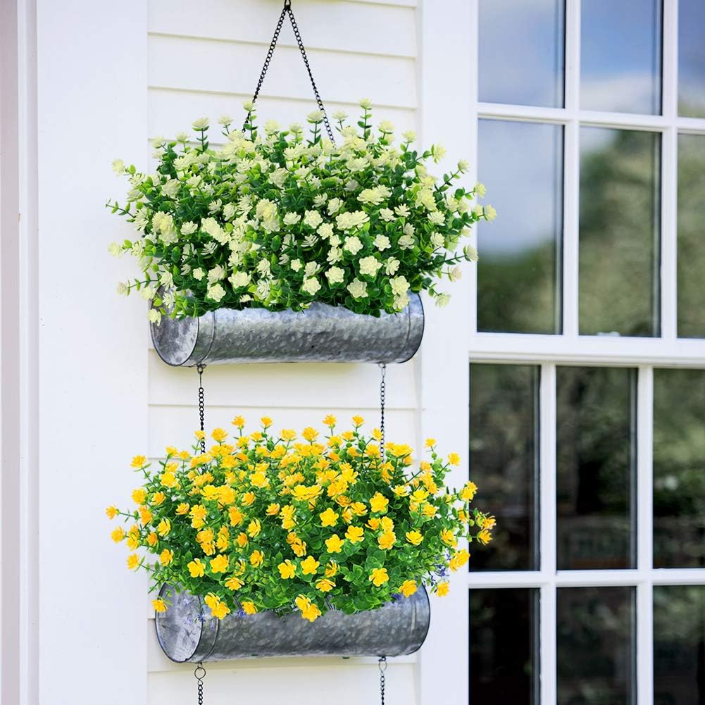 12 Bundles Outdoor Artificial Flowers UV Resistant Fake Boxwood Plants, Faux Greenery for Indoor Outside Hanging Plants Garden Porch Window Box Home Wedding Farmhouse Décor (Milk Green)