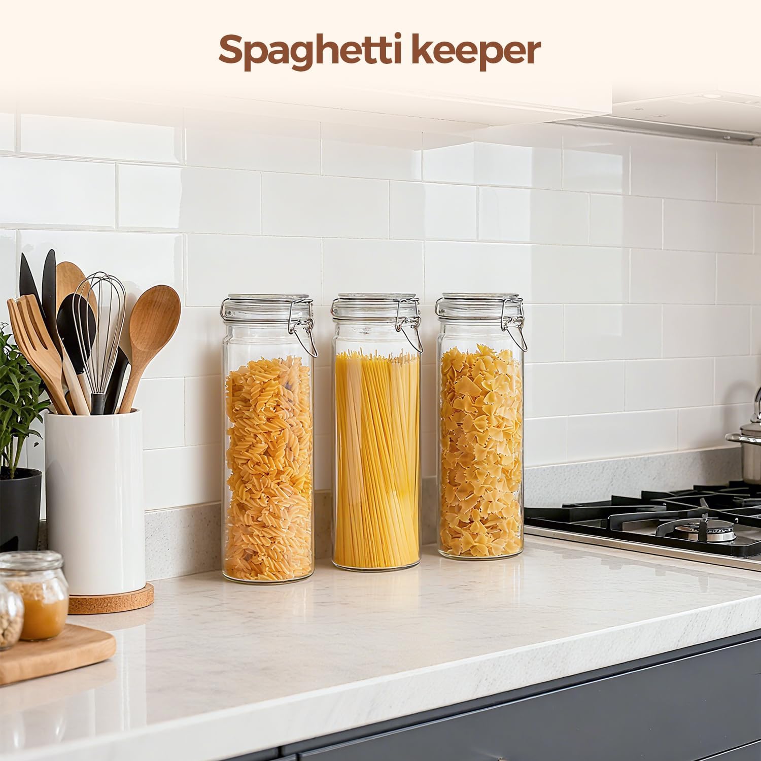 ComSaf Airtight Glass Jars Set of 3, 0.5 Gallon Food Storage Jar with Lids, Tall Spaghetti Container with Clear Preserving Seal Wire Clip Fastening, Pasta Storage Containers for Kitchen Canning