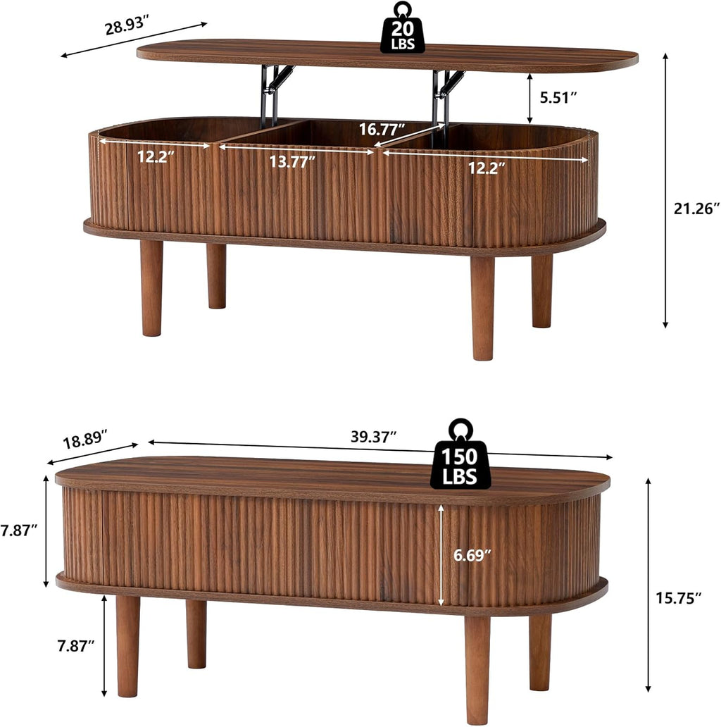 Fluted Lift Top Coffee Table with Hidden Compartment, Fully Assembled Wooden Center Table, Modern Oval Lift Tabletop for Home Living Room Office, Walnut