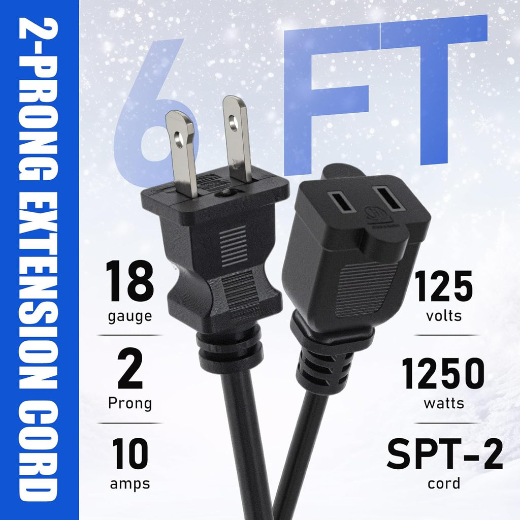 Kanayu 3pcs Black 2 Prong Extension Cords, Male and Female Power Cables, Flexible for Home, Office and Christmas Lights (6ft)