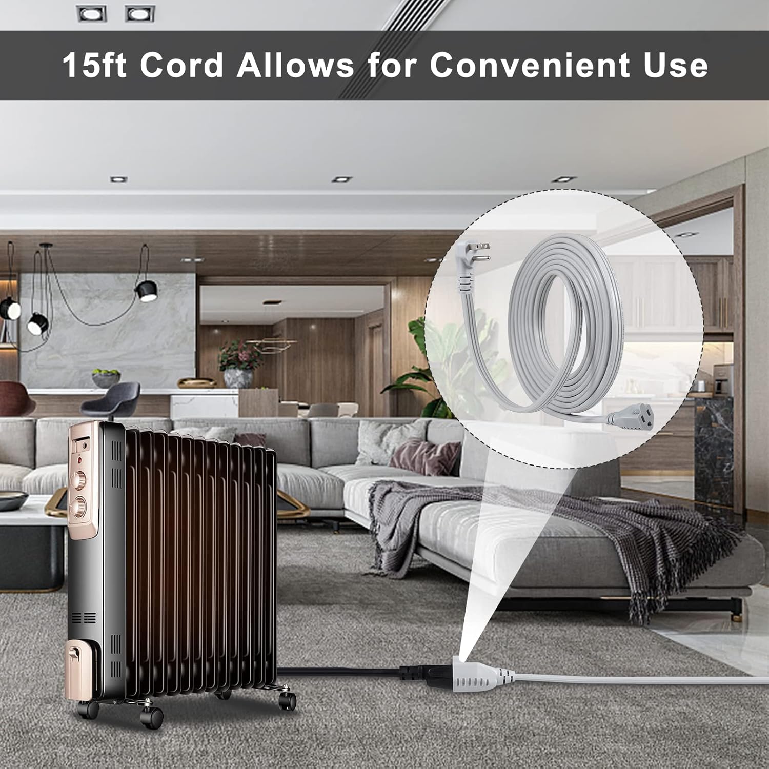 KUNCAN Appliance Power Extension Cord - 3 Prong Flat Wire SPT-3 14 AWG Heavy Duty Male to Female Extender Low Profile Grounded Cable for Major AC Unit, Air Conditioner, Refrigerator (15 Feet)