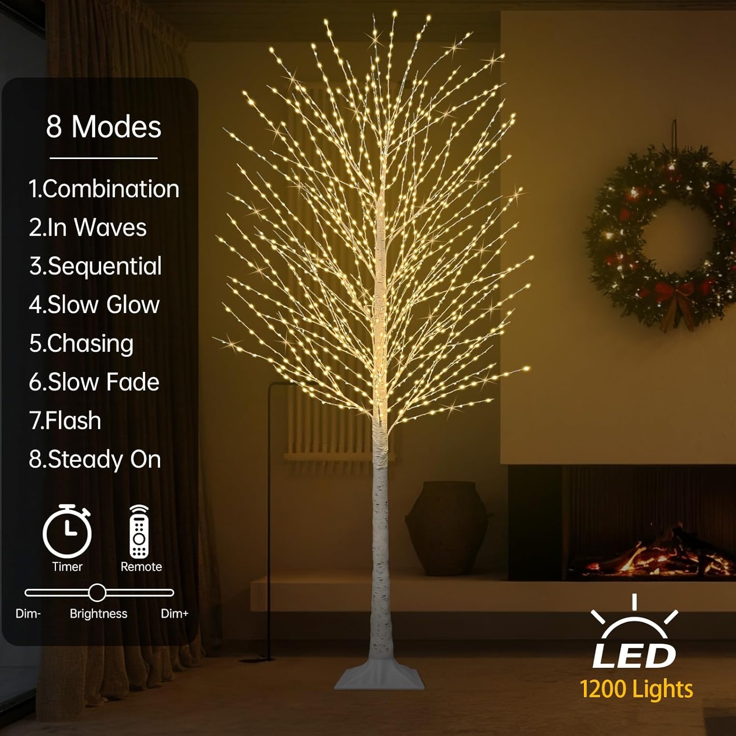 7FT Lighted Birch Tree with 1200 LED Warm White Lights, 8 Twinkle Modes, Timer, Dimmable Artificial Light Up Twig Christmas Tree for Indoor Outdoor Xmas Holiday Party Decor