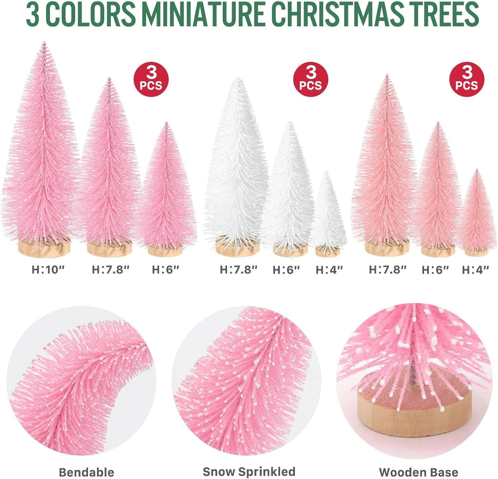 9Pcs Mini Christmas Trees Christmas Decor Artificial Christmas Decorations with 4 Sizes, Christmas Tree Bottle Brush Trees Christmas Table Decorations (Pink Light Pink White)