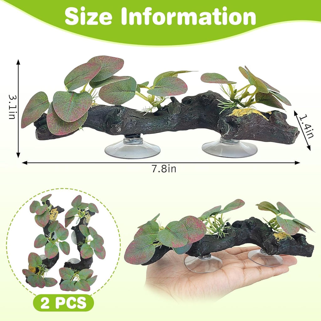 kathson 2 PCS Reptile Corner Branch Resin Snake Climbing Accessories with Leaves Terrarium Plant Decoration with Suction Cup for Lizard Frog Bearded Dragon Gecko Spider Climbing 7.8 x 3.1 x 1.4 inches