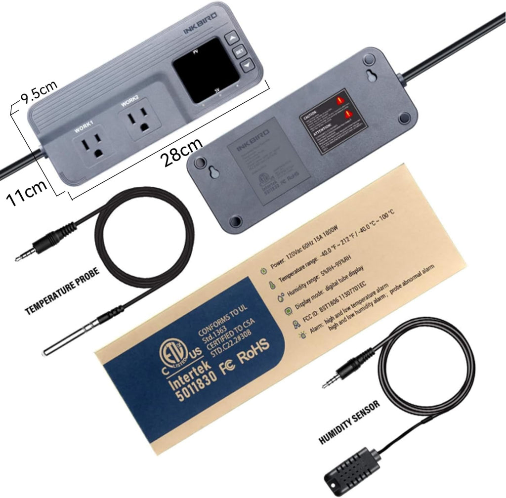 Inkbird Temperature and Humidity Controller ITC-608T Pre-Wired Dual Stage Thermostat 120VAC 15A 1800W ETL Listed Mushroom Greenhouse Homebrew