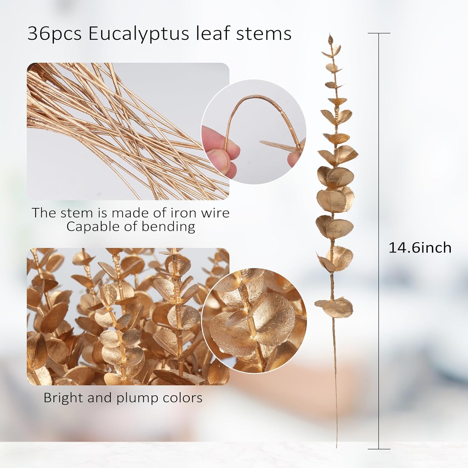 RECUTMS 36 Pcs Gold Eucalyptus Leaves Stems 15 inch Artificial Leaf Branches for Autumn Fall Wedding Centerpiece Flower Bouquet Christmas Picks Floral Arrangemen Office Home Table Decor