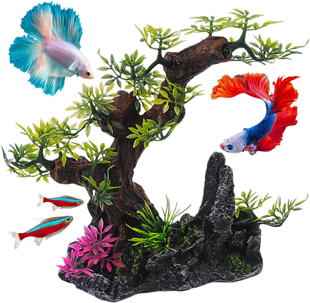 Aquarium Bonsai Tree Decor,Fish Tank Decorations Resin Rock View with Artificial Plants Accessories Betta Goldfish Ornaments Freshwater Saltwater Décor for Small Fish Shrimp