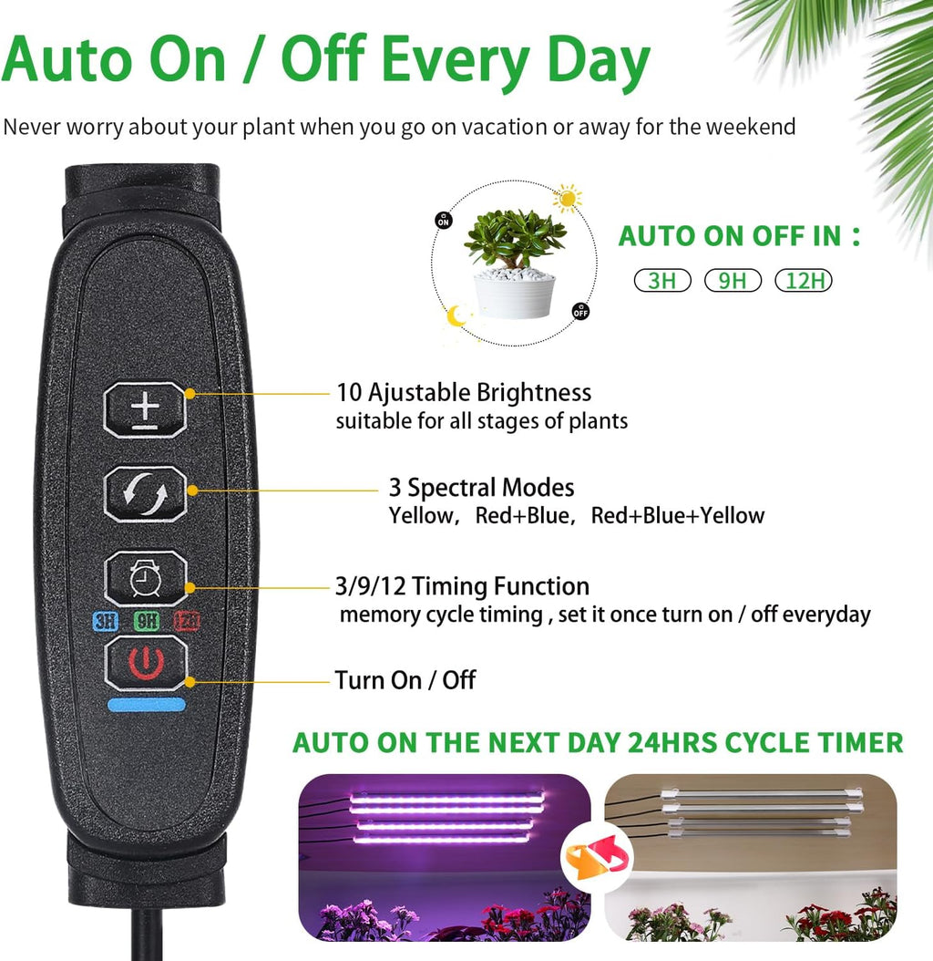 Four Strip Growing Lamp for Indoor Plants, Red & Blue & Yellow Full Spectrum LED Grow Light Strips with Auto ON/Off 3/9/12H Timer,10 Dimmable Levels for Green House Succulent (13 in)