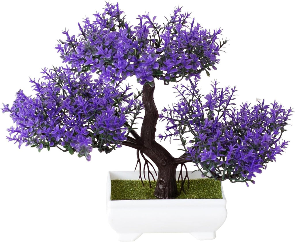 Mini Artificial Bonsai Tree Plants Artificial Plant Welcome Pine Tree with Plastic Cement Pots for Home Office Décor (Purple)