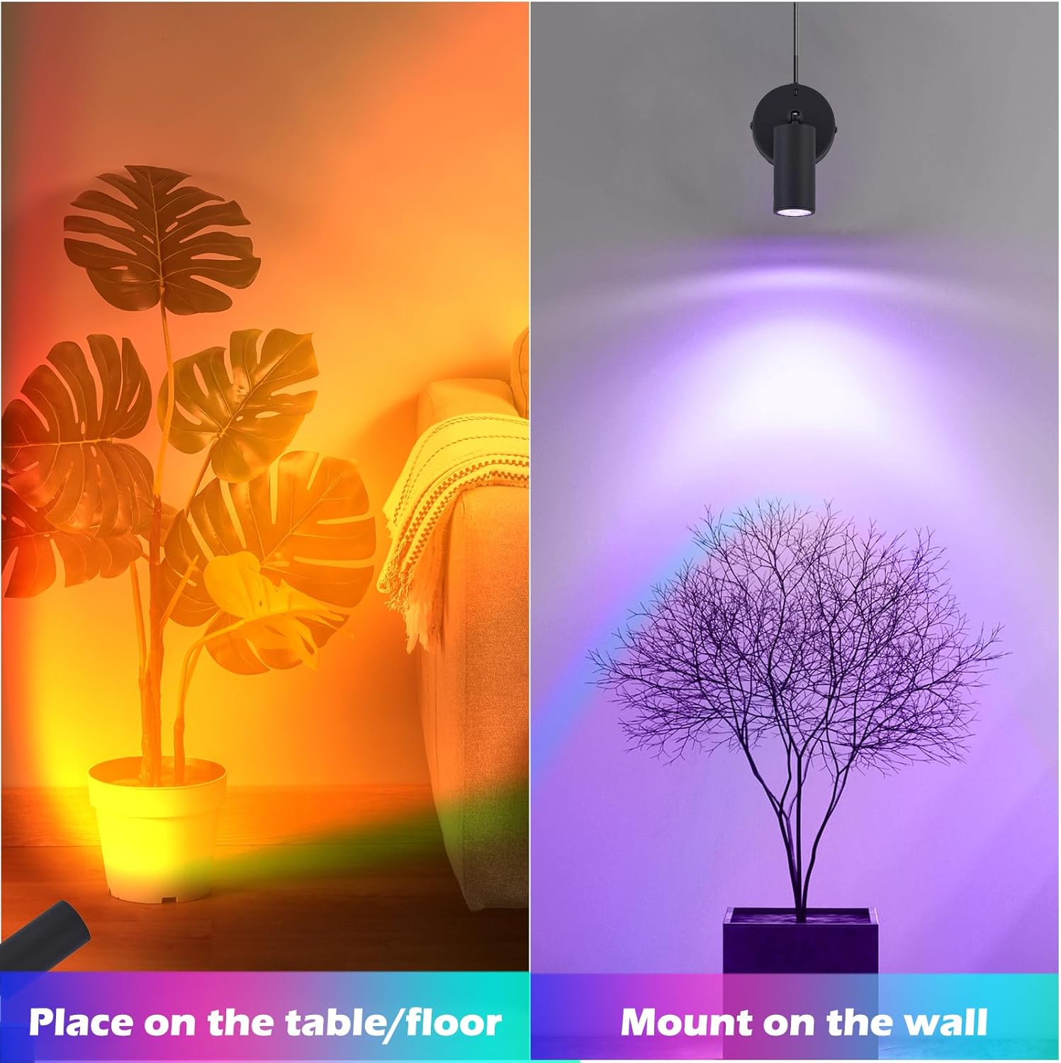 Spot Light with Remote Control Indoor, RGBW Color Changing Wall Light, Mini Spot Lights for Plant, Painting, Artwork, Accent Lighting 2 Pack (Black)