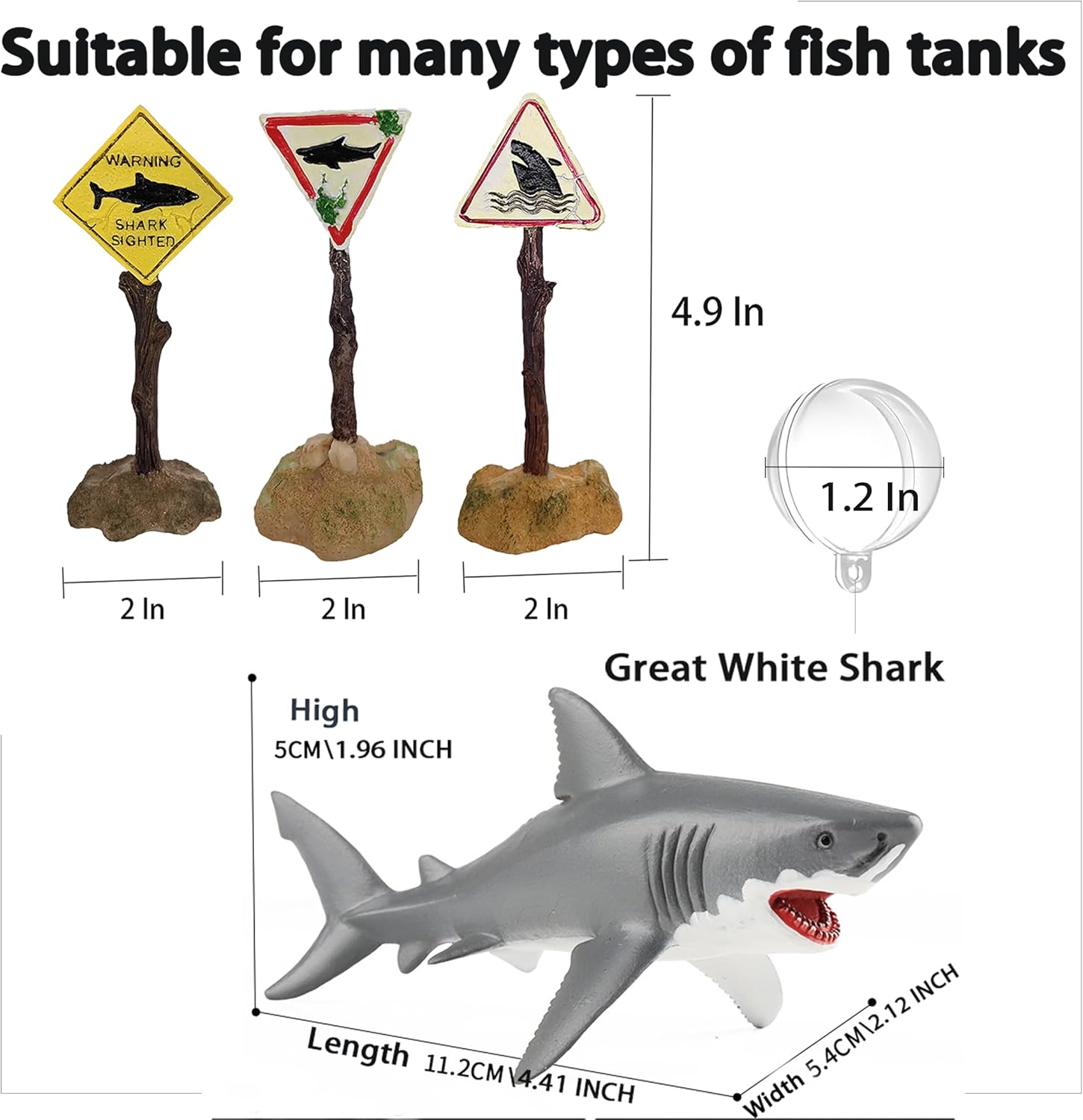 Aquarium Shark Décor Set - Floating Great White Shark with Shark Warning Sign for Fish Tanks - Decorative Accessories for Aquariums (Danger - Shark Zone)