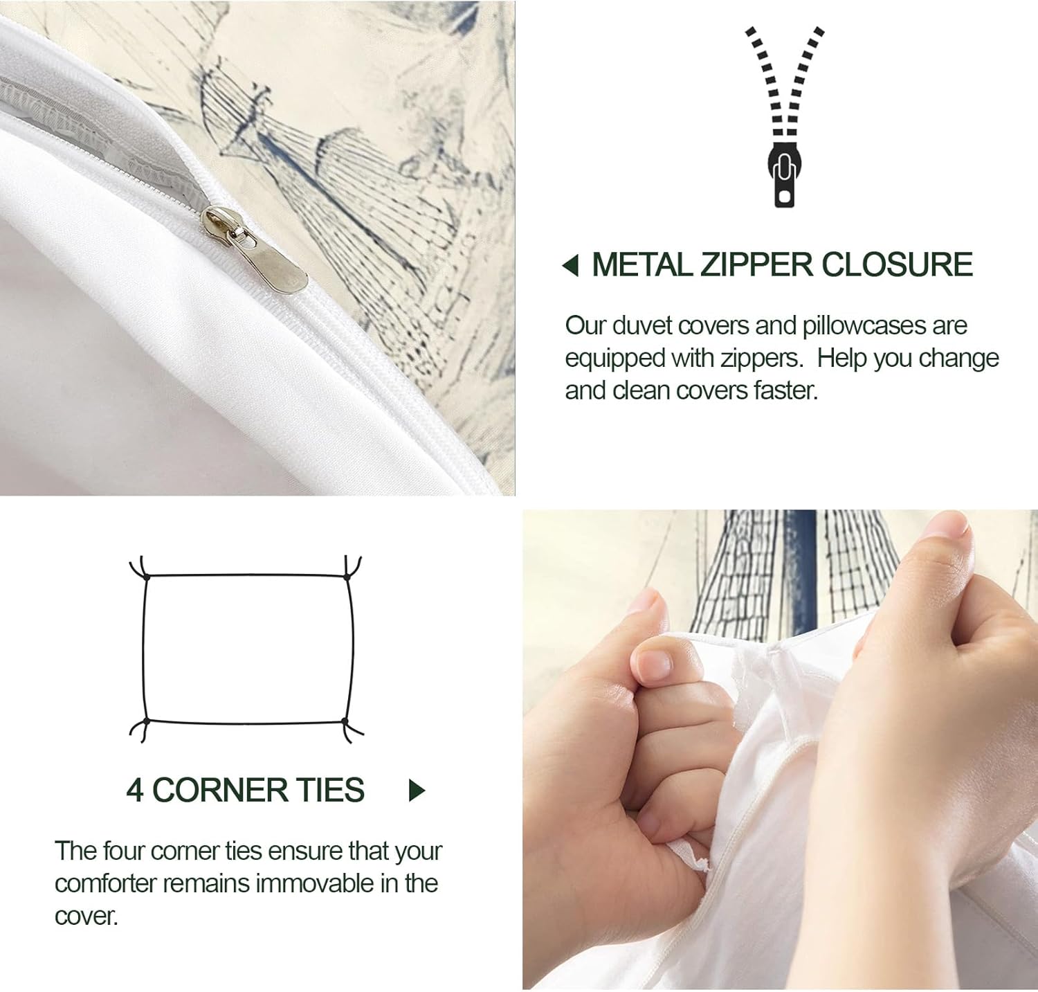 Nautical Duvet Cover King Size, Vintage Old Sailboat Bedding Set 3 Piece Bedroom Decor Ocean Boat Sketch Patterned Comforter Cover with Zipper Ties & 2 Pillowcases