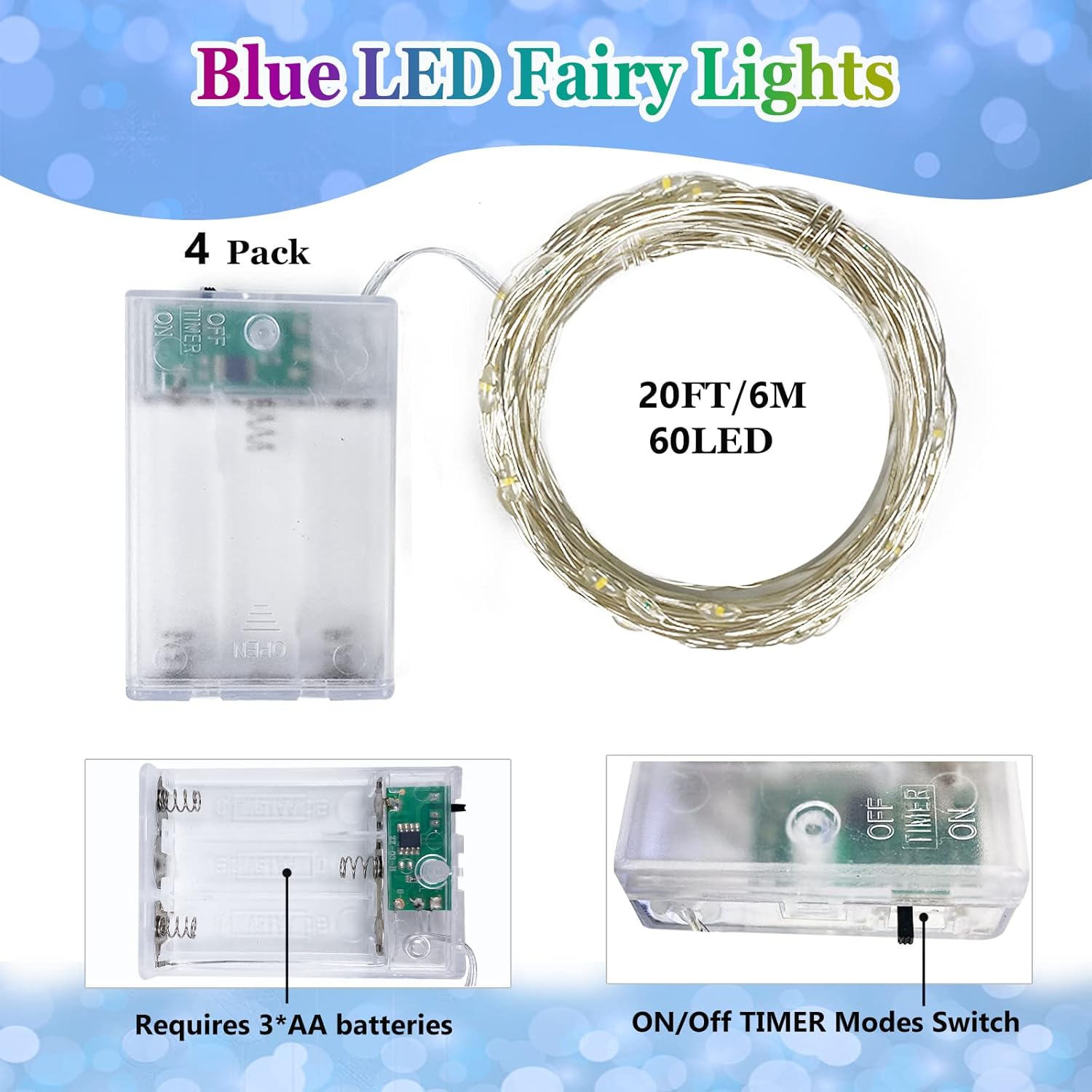 4 Pack 20FT 60LED Christmas Battery Operated Fairy Lights with Timer, Waterproof Battery String Lights Outdoor Indoor, Battery Twinkle Light for Bedroom Wedding Birthday Party Chirstmas (Blue)