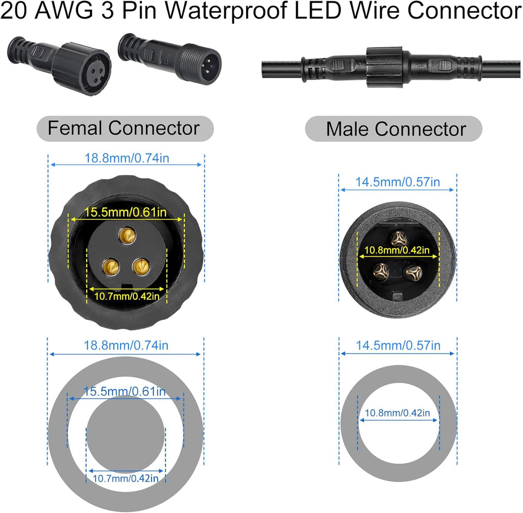 MAD OWL 3-Pin Waterproof LED Wire Connector Kit, 20 AWG 11inch/28cm Male Female Connectors with Tin Plated Joint for Various Waterproof Wires DIY (4 Set Black)