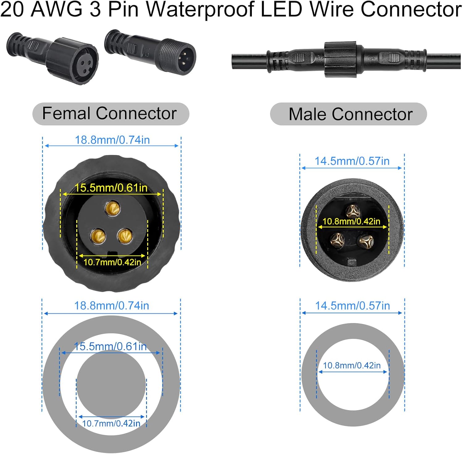 MAD OWL 3-Pin Waterproof LED Wire Connector Kit, 20 AWG 11inch/28cm Male Female Connectors with Tin Plated Joint for Various Waterproof Wires DIY (4 Set Black)