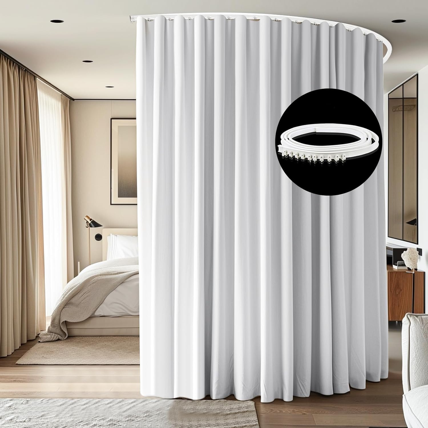 Room Divider Ceiling Mounted Curtains Track Sets Extra Wide Blackout Curtain Flexible Tracks for Bedroom Privacy Partition Separator, 1 Panel White Drape and White Rail, W12.5 x H8ft