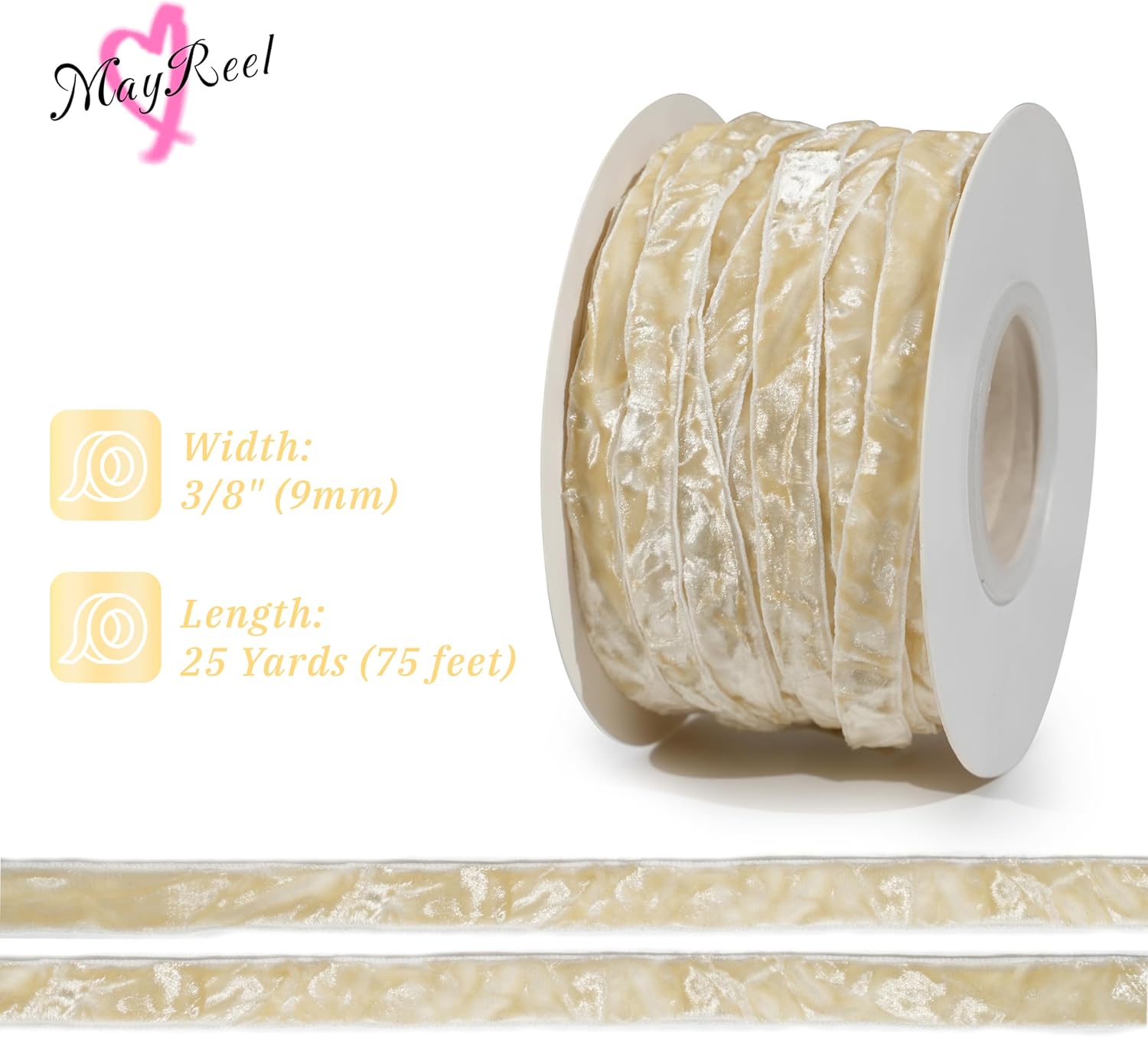 MAYREEL Ivory Crushed Velvet Ribbon 3/8 Inch Thin Light Cream Vintage Ribbon for Flower Bouquet Gift Wrapping Wedding Invitations Crafts Christmas Decorations Party 25 Yards