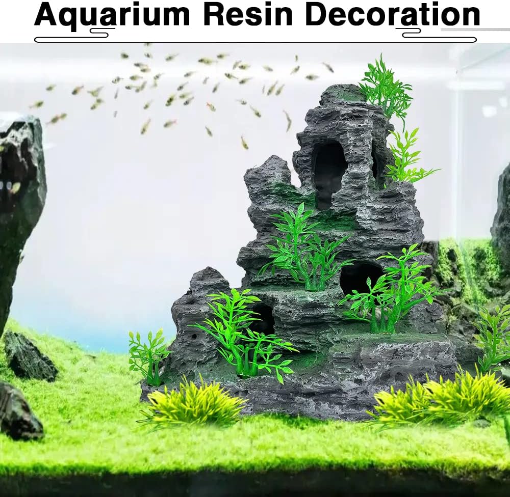 Aquarium Decoration Large and Tall Fish Tank Decor Aquarium Rock Mountain View Aquarium Ornament Tree House Cave for Large Tank - 10.2 Inches High
