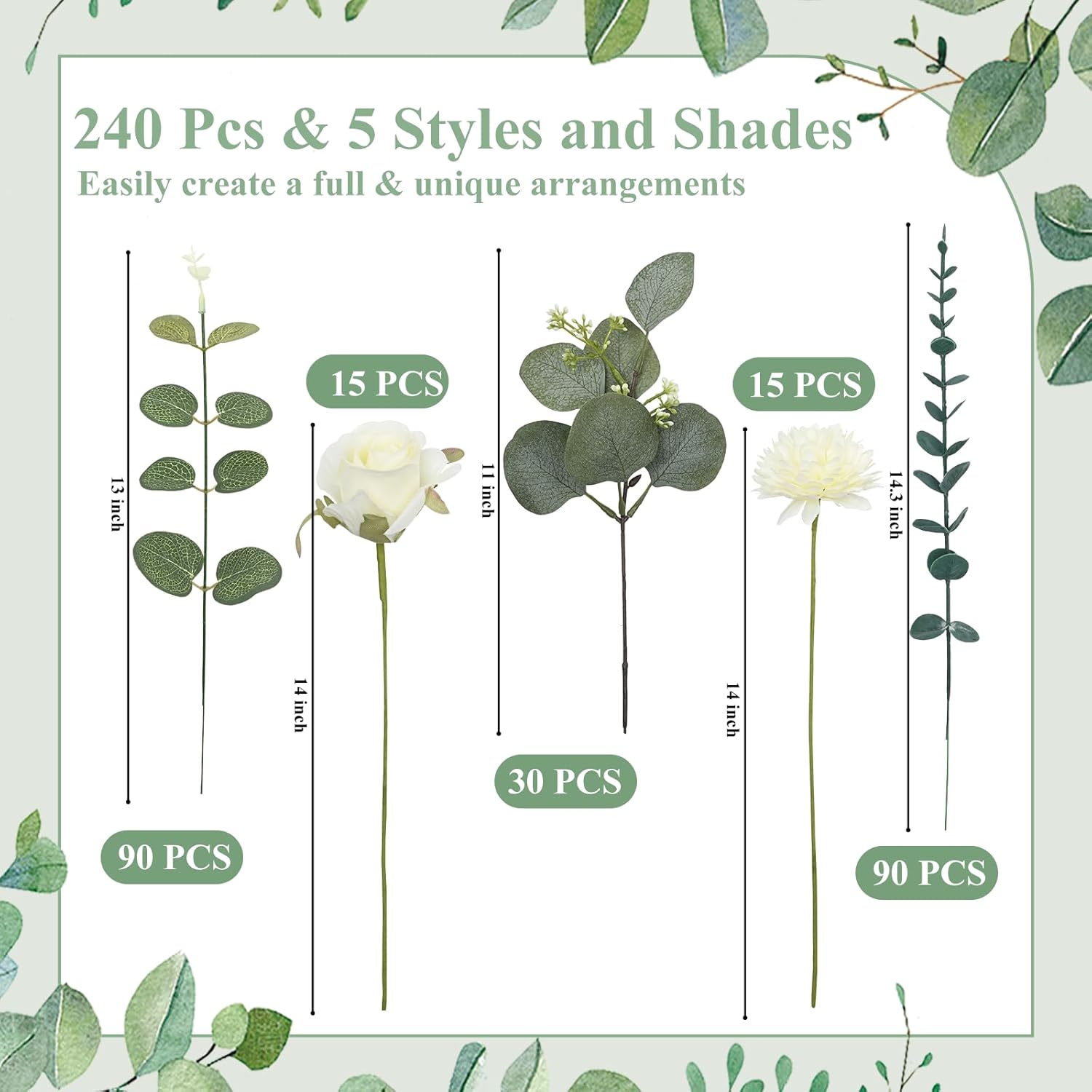 Waipfaru 240 Pcs Eucalyptus Stems, Artificial Greenery Stems and Faux Flowers, Mixed Greenery Stems Leaves Bulk, 5 Kinds Silver Dollar Eucalyptus for Wedding Decor Vase Floral Arrangement Centerpiece
