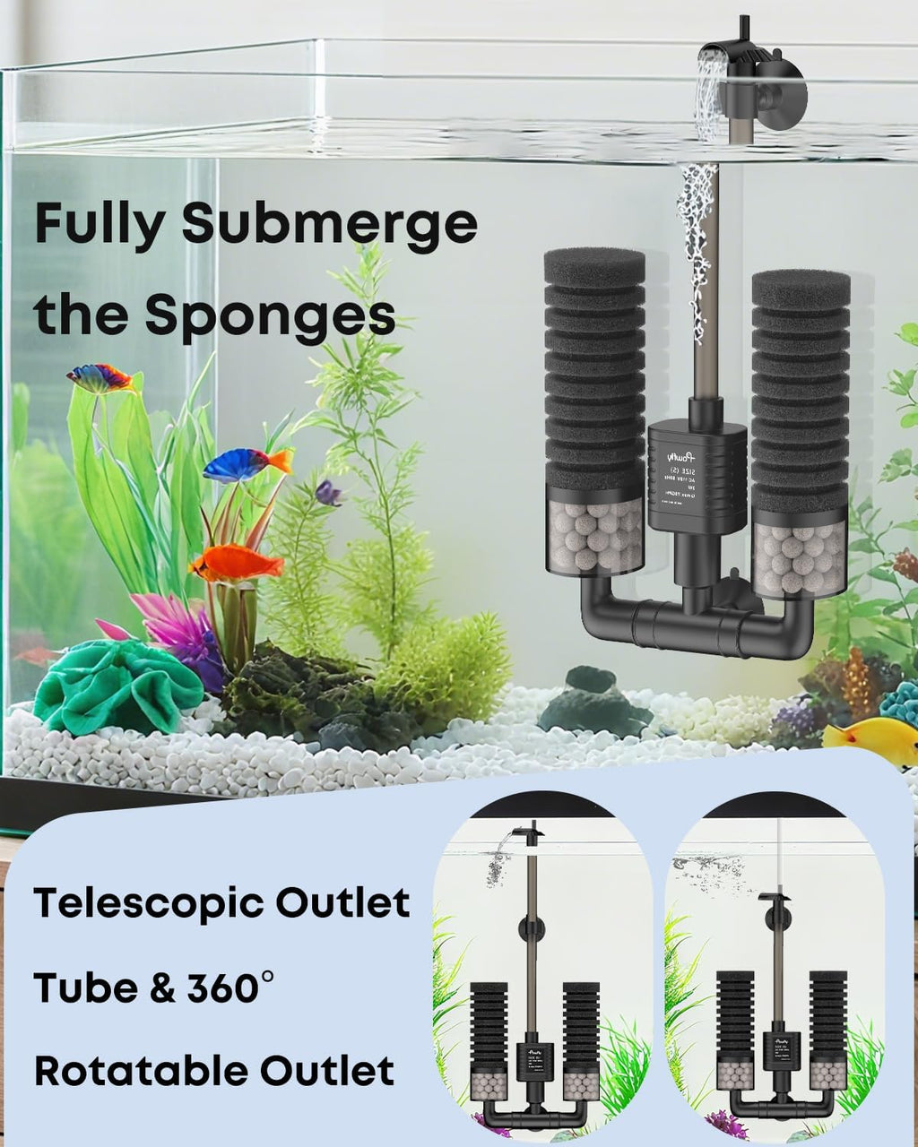 Pawfly Aquarium Sponge Filter, 70 GPH Fish Tank Filter, 3 W Submersible Small Aquarium Filter with Water Pump, Double Foams & Ceramic Balls, Quiet Bio Sponge Filter for 10-40 Gallon Tanks