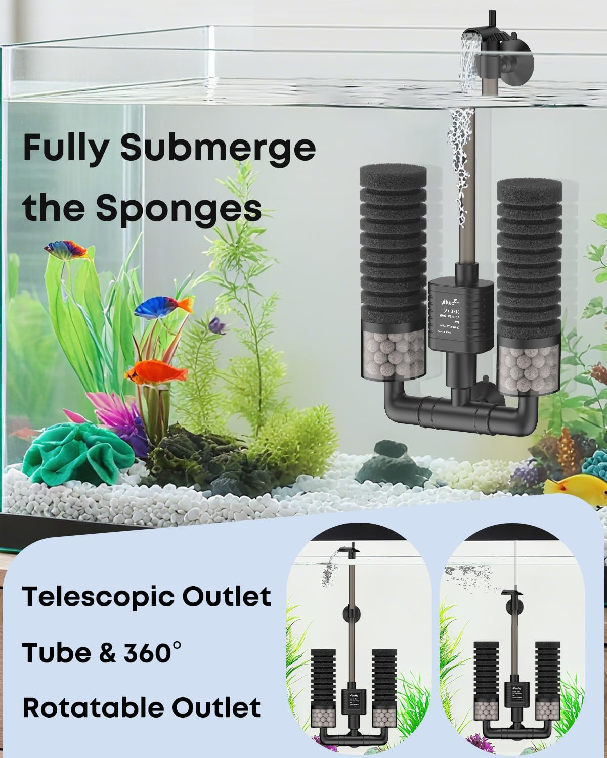 Pawfly Aquarium Sponge Filter, 70 GPH Fish Tank Filter, 3 W Submersible Small Aquarium Filter with Water Pump, Double Foams & Ceramic Balls, Quiet Bio Sponge Filter for 10-40 Gallon Tanks
