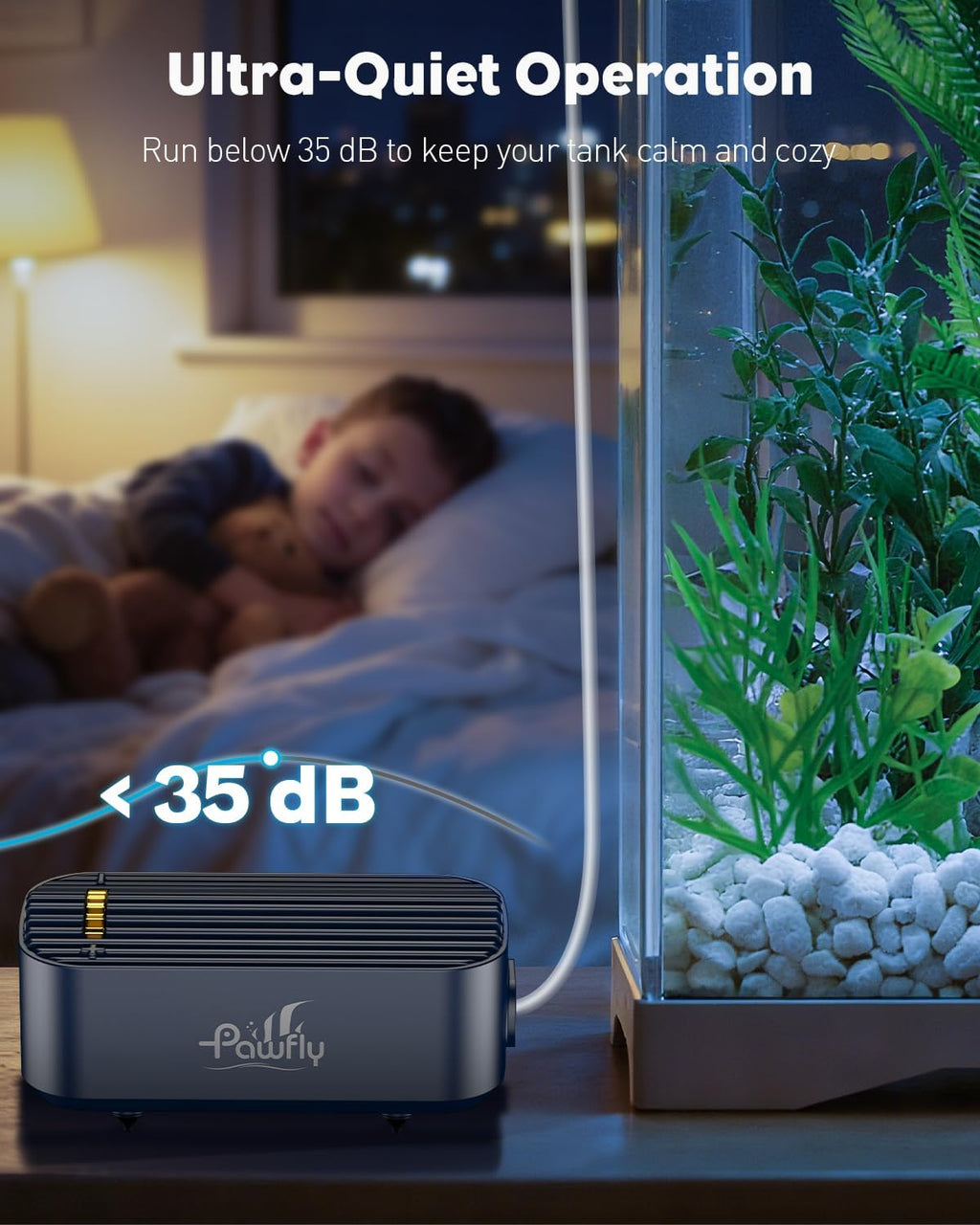 Pawfly Aquarium Air Pump, 80 GPH Fish Tank Air Pump up to 70 Gallons, Ultra Quiet Adjustable Oxygen Pump with Airline Tubing, Air Stone & Check Valve, Aerator for Fish