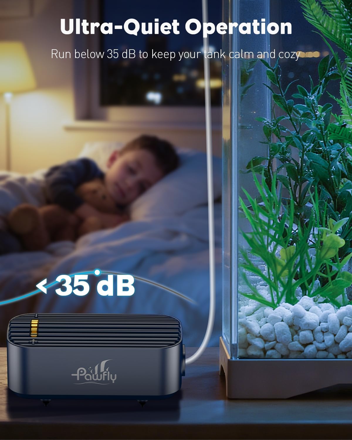 Pawfly Aquarium Air Pump, 80 GPH Fish Tank Air Pump up to 70 Gallons, Ultra Quiet Adjustable Oxygen Pump with Airline Tubing, Air Stone & Check Valve, Aerator for Fish