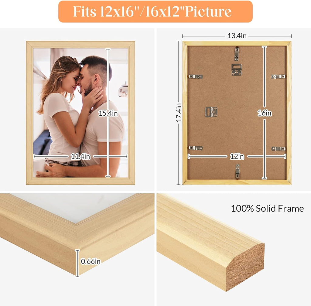 12x16 Wood Picture Frame, Rustic Natural 16x12in Woodgrain Frame, Modern Beige 12 x 16 inch Gallery Wall Photo Poster Frame with HD Plexiglass, Horizontal Vertical Wall Mounting Display 1pcs