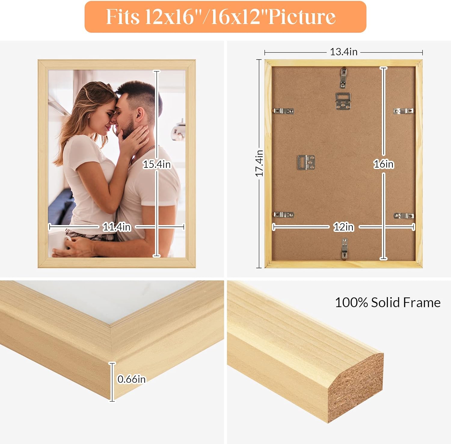12x16 Wood Picture Frame, Rustic Natural 16x12in Woodgrain Frame, Modern Beige 12 x 16 inch Gallery Wall Photo Poster Frame with HD Plexiglass, Horizontal Vertical Wall Mounting Display 1pcs