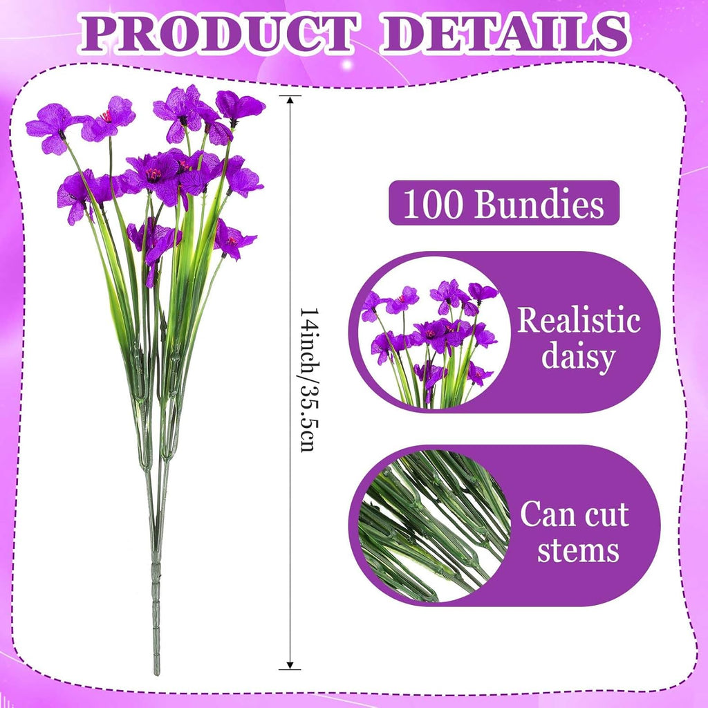 Lyrow 100 Bundles Violet Artificial Flowers, UV Resistant Faux Flowers Outdoor, Faux Silk Flowers, Fake Violet Flowers Bulk for Front Porch Hanging Garden Courtyard Farmhouse Home(Purple)
