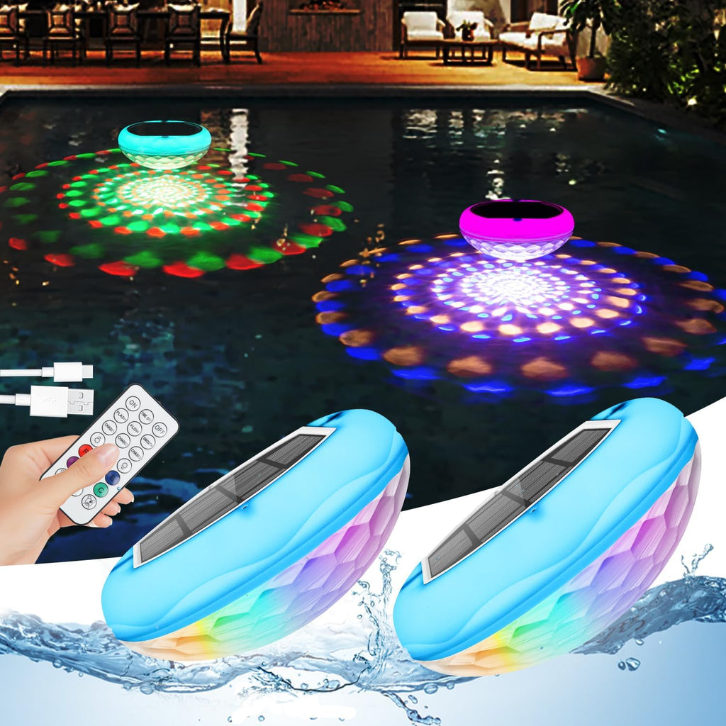 Solar Floating Pool Lights, USB Rechargeable 2600mAh Pool Lights with Remote, 6.69 Inch IP68 Waterproof RGB 6 Dynamic Modes Upper and Lower Glow Hangable Solar Floating Light for Garden 2 PCS