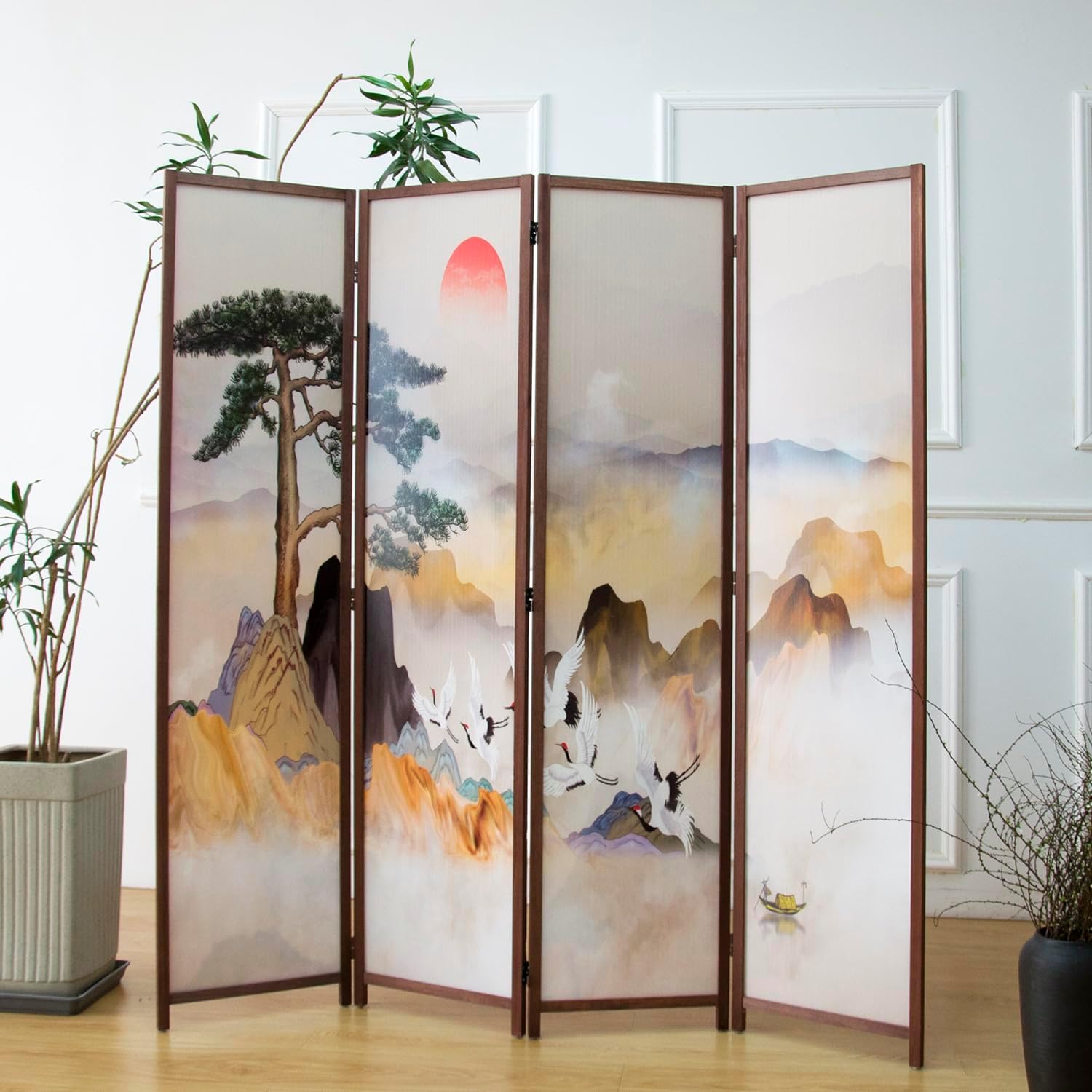 4 Panel Room Divider Screen,Double Faced Panel Divider Folding Screen Divider for Room Separation,Colorful Landscape,67" H x 63" W