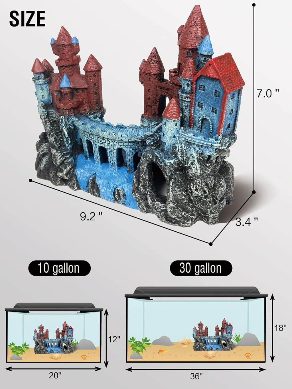 Magic Medieval Aquarium Castle Decor - 9.2 Inch Medium Fish Tank Decoration with Betta Hideouts, Cave for Fish Tank Rocks, Safe Resin Ornament for Fresh & Saltwater Tanks