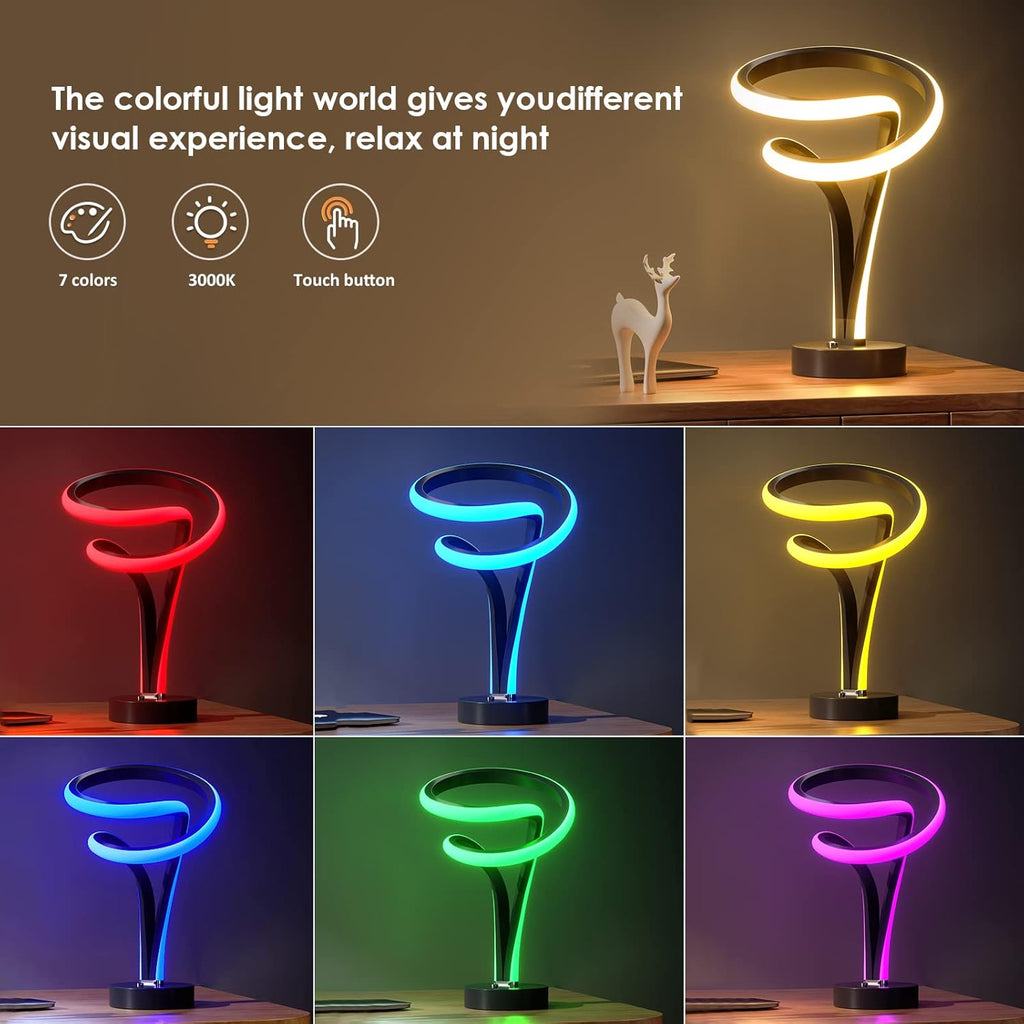 RGB Desk Lamp, Spiral Lamp for Night Stand & Bedside - 7 Colors Touch Dimmable, 10 Lighting Modes, USB Powered Desk Night Light for Bedroom, Office, Ideal Gift (Black)