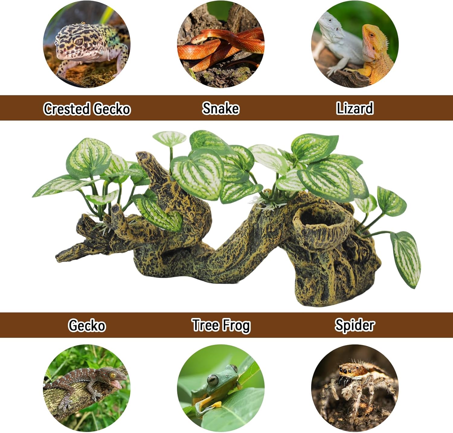 PINVNBY Resin Branch for Reptile Tank,Crested Gecko Climbing Branches with Hideout Cave Bearded Dragon Tank Accessories Lizard Terrarium Habitat Plant Decorations for Snake Gecko Spider Frog(Bronze)