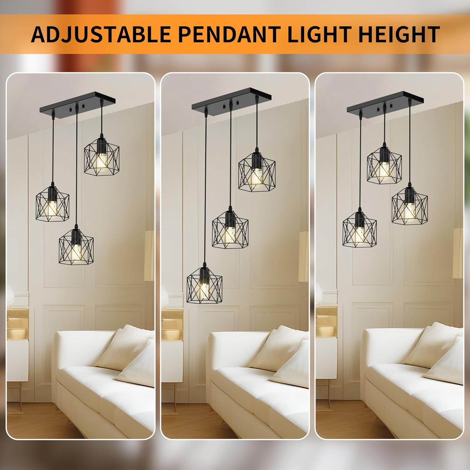 3-Light Pendant Lighting, Farmhouse Hanging Light Fixture for Kitchen Island & Dining Room, Industrial Vintage Ceiling Lamp with E26 Base, Adjustable Height, Matte Black