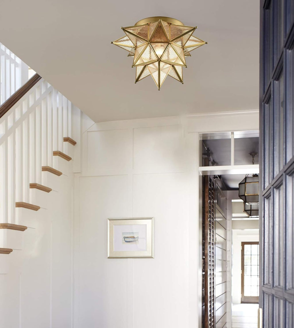 DAYCENT Modern Moroccan Seeded Glass Brass Moravian Star Flush Mount Ceiling Light, 15 Inches, 1-Light