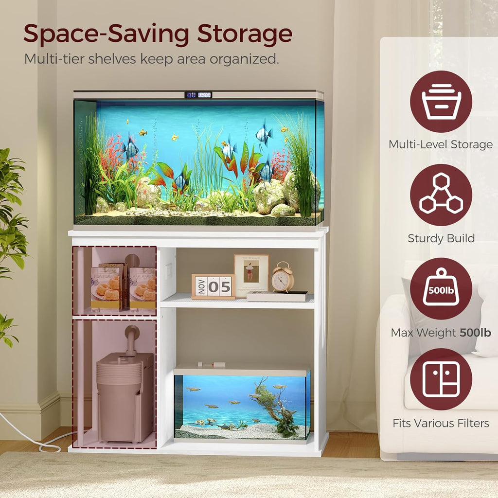 40-50 Gallon Fish Tank Stand with Power Outlet, Wooden Aquarium Stand with Filter Storage, Heavy-Duty Reptile Tank Stand with 3-Tier Storage Shelves, 36.2" L x 19.7" W x 31.7" H, White