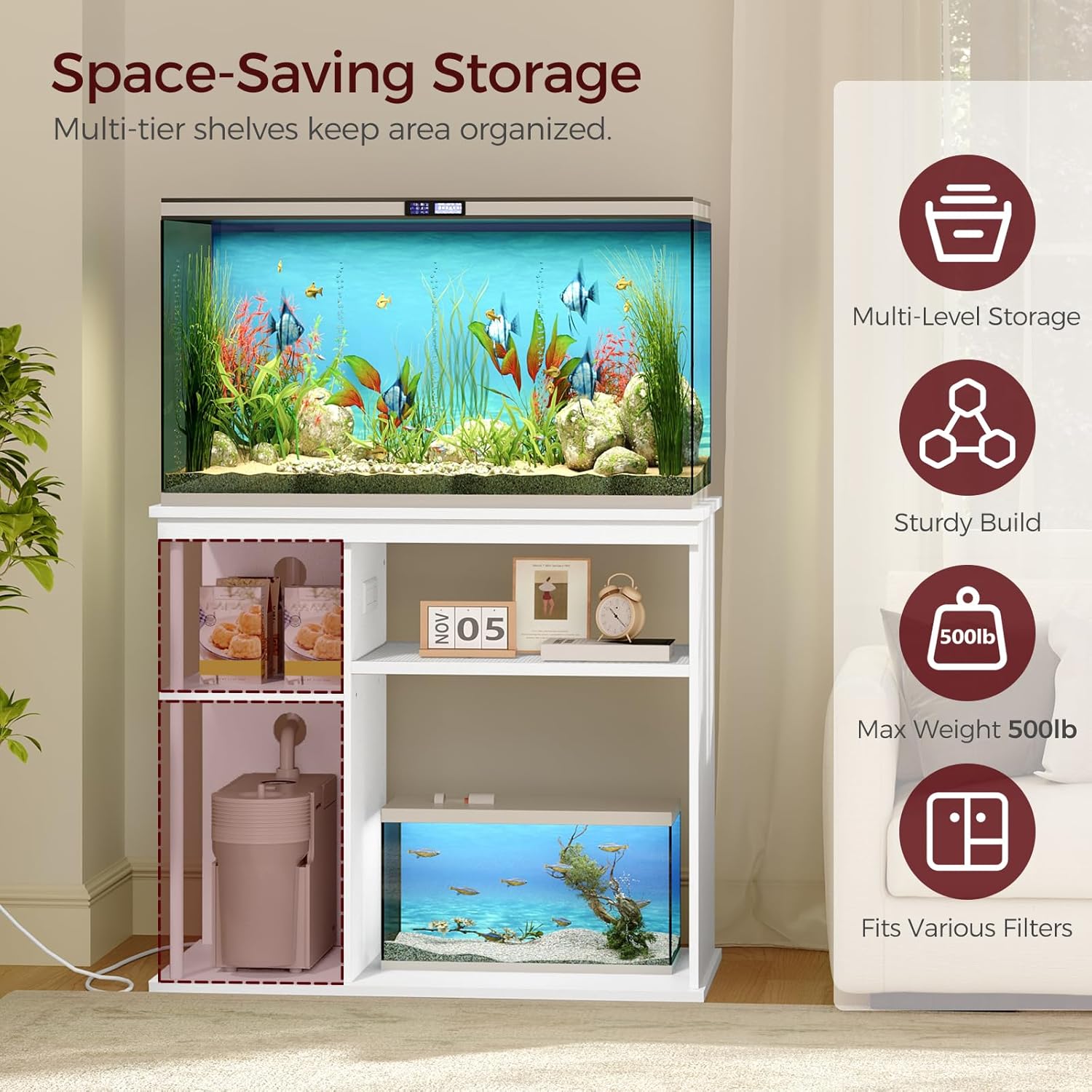 40-50 Gallon Fish Tank Stand with Power Outlet, Wooden Aquarium Stand with Filter Storage, Heavy-Duty Reptile Tank Stand with 3-Tier Storage Shelves, 36.2" L x 19.7" W x 31.7" H, White