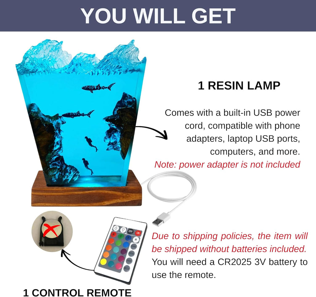 Ocean Resin Lamp – Marine Life Night Light with 16 Color LED, USB Powered Orca Shark & Turtle Desk Lamp with Wooden Base & Remote,Handmade Gift for Christmas, New Year