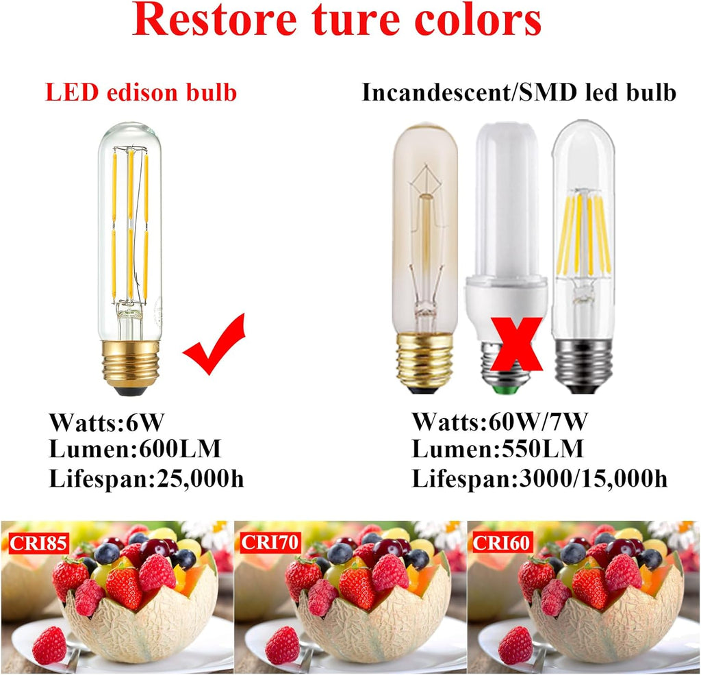 Arberlic 5 Inch Tubular Light Bulb,6W T10 LED Bulb Equivalent E26 led Bulb 60 watt dimmable,Neutral White 4000K,600lm,CRI85+,AC120V,Clear Glass Long E26 Edison Bulb,Flicker-Free,Pack of 6
