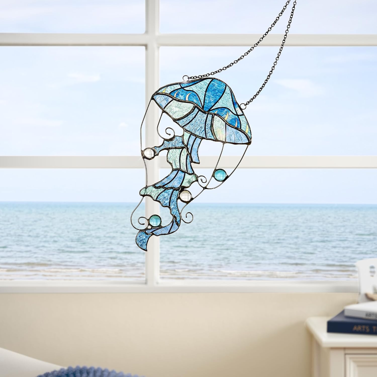 Jellyfish Stained Glass Window Hanging, Ocean Sea Life Sun Catchers Indoor Panel, Nautical Suncatcher Decor for Home, Wall, Garden, Coastal Ornament Gift for Women, Beach Lovers