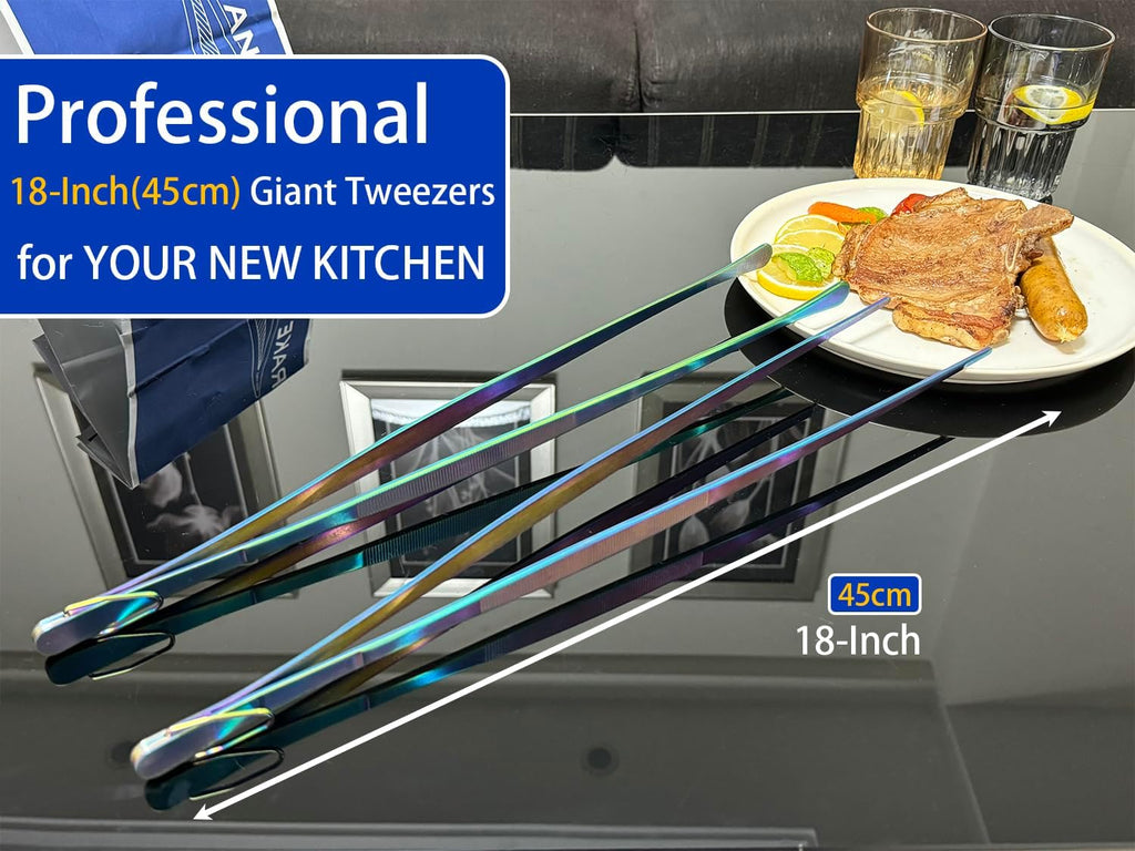 JETKONG 2 Pcs 18 Inch (45cm) Stainless Steel Grill Tongs Heavy Duty Giant Tweezer Tongs, Extra Large Tweezers Tools for Cooking, Grilling, BBQ and Turning Food (Rainbow)