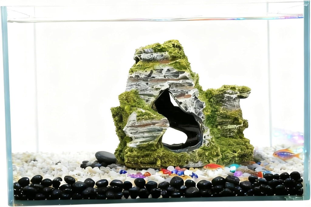 Resin Moss Rock Cave, Aquarium Decor for Betta, Shrimp & Reptiles,Hiding Shelter & Natural Landscape Tank Accessory