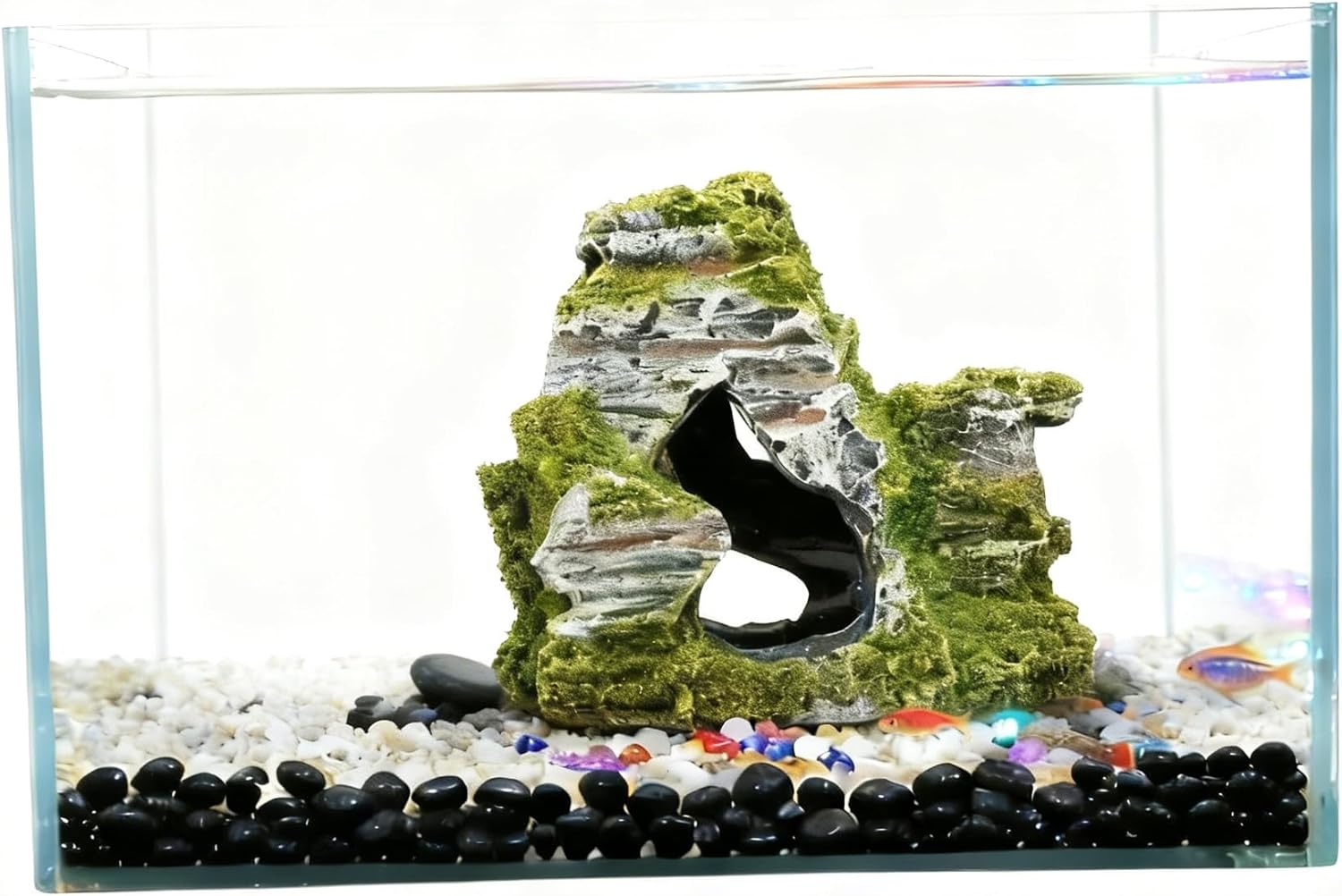 Resin Moss Rock Cave, Aquarium Decor for Betta, Shrimp & Reptiles,Hiding Shelter & Natural Landscape Tank Accessory